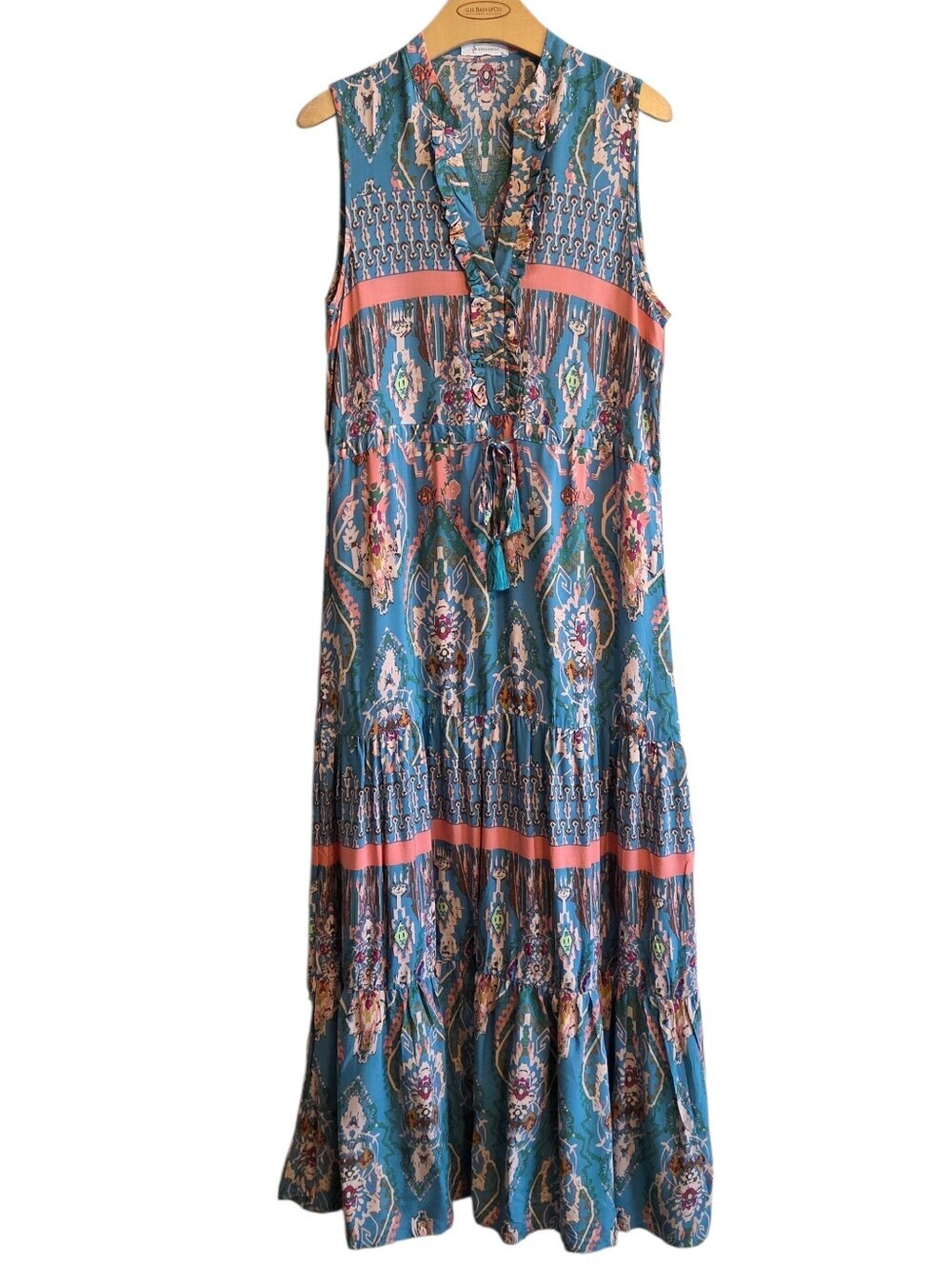 Maxi Dress Abstract Print Sleeveless Teal & Coral Printed Tiered V-Neck Sz M